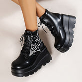 Round Toe Spider Web Print Platform Boots Oshnow